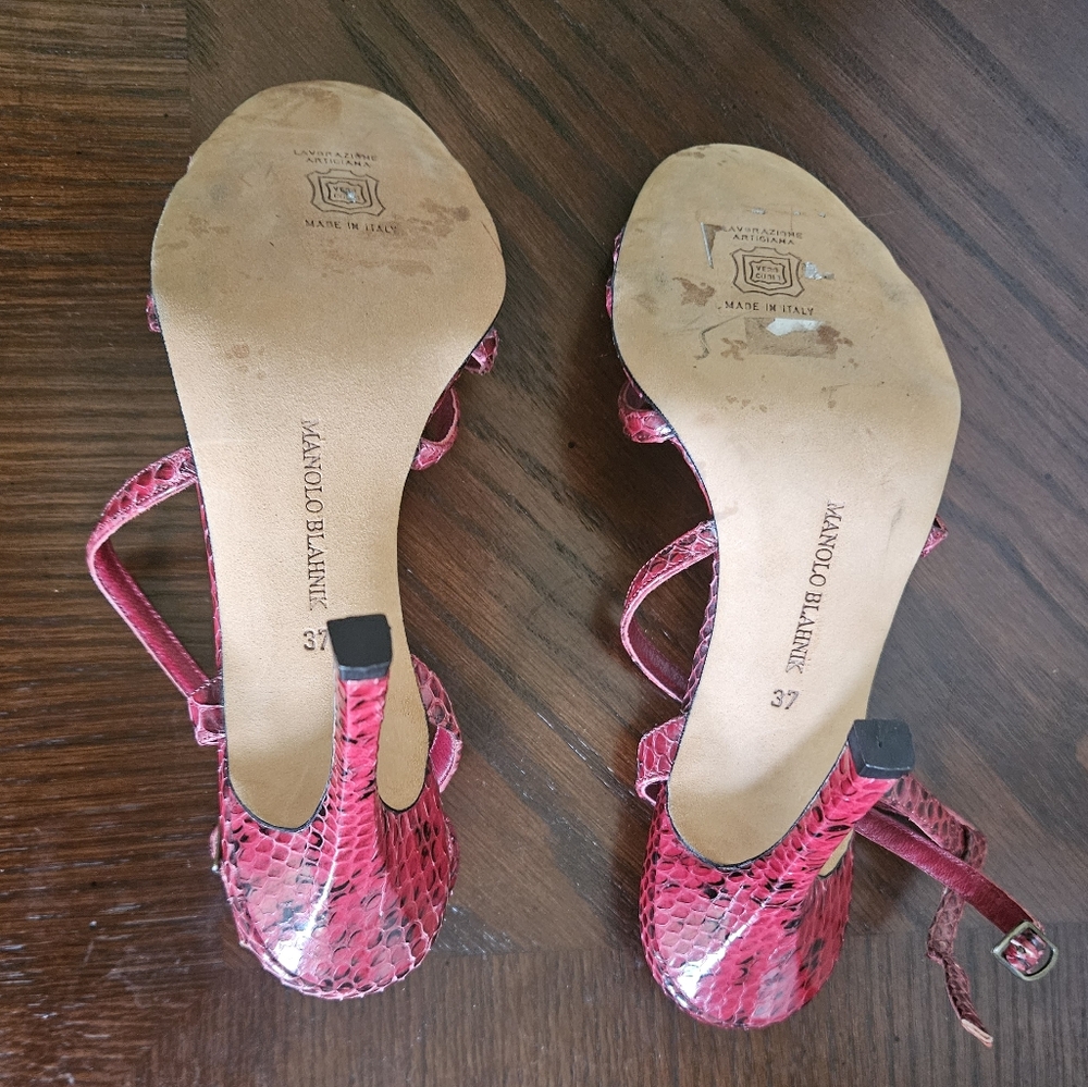 Vintage Manolo Blahnik Red Burgundy Snake Print Strappy High Heels - Picture 3 of 3